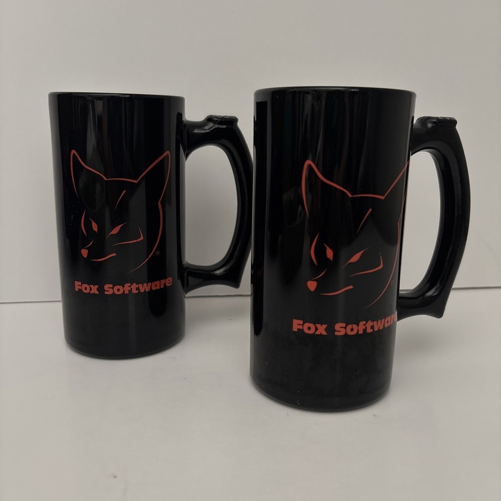 Vintage 1980's Fox Software Coffee Mug Black With Red Fox Software Set Of 2